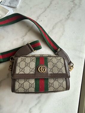 Gucci GG Canvas Crossbody Bag in Brown with Green & Red Stripe